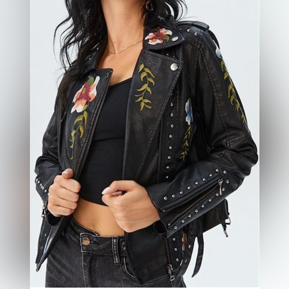 Embroidered Black Leather Moto Jacket - Women's Floral Biker Coat